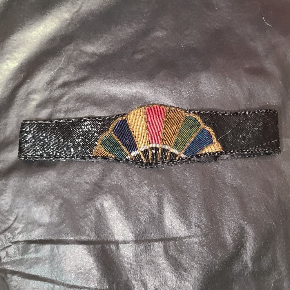 Vintage 80s glass-beaded Art Deco rainbow belt size small